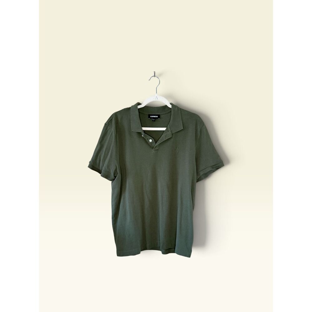 Express Men's Olive Green 100% Cotton X Logo Polo Shirt Short Sleeve L